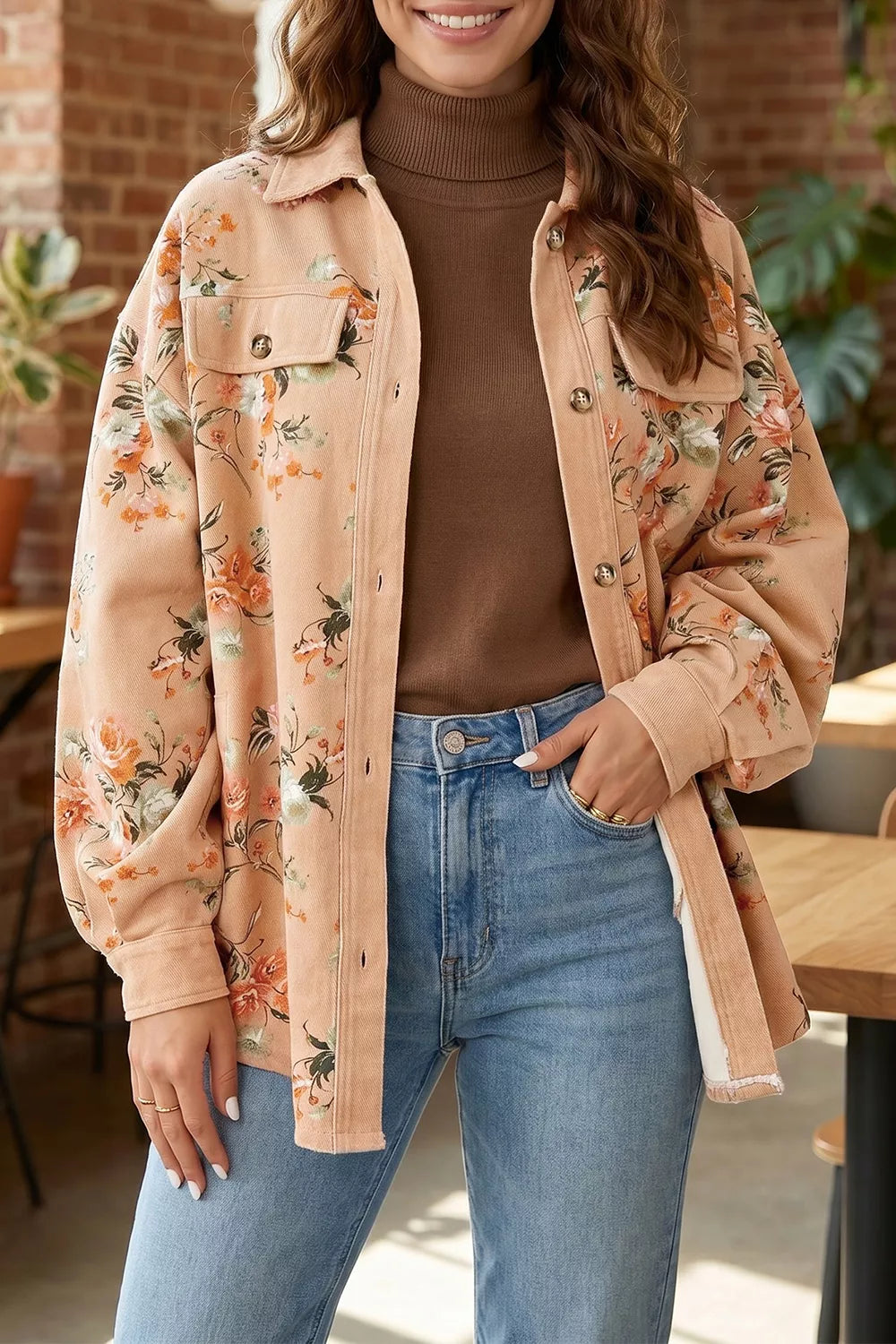Women's Tan Floral Print Long Sleeve Denim Jacket - Tan