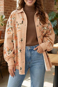Women's Tan Floral Print Long Sleeve Denim Jacket - Tan
