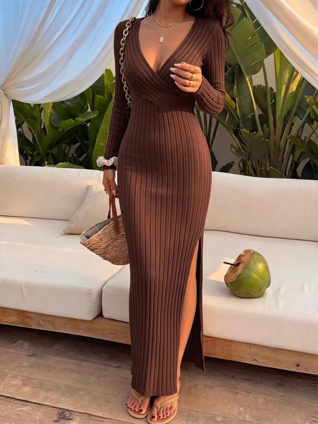 Women's Coffee Brown Slit Long Sleeve Ribbed Knit Maxi Dress - Coffee Brown