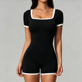 Mock Two-piece Color-block Strap Sports Jumpsuit Womens Backless Outdoor Fitness Bodysuit