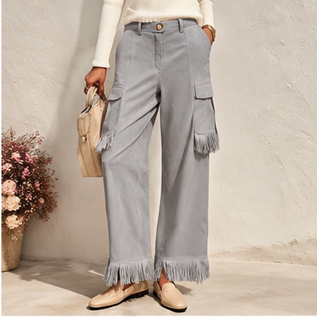 Suede Fleece Tassel Loose-Fit Slimming Workwear Wide-Leg Pants For Women