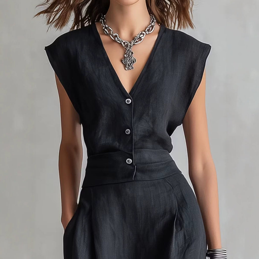 V-neck Sleeveless Cotton-linen Blend Single-breasted Dress