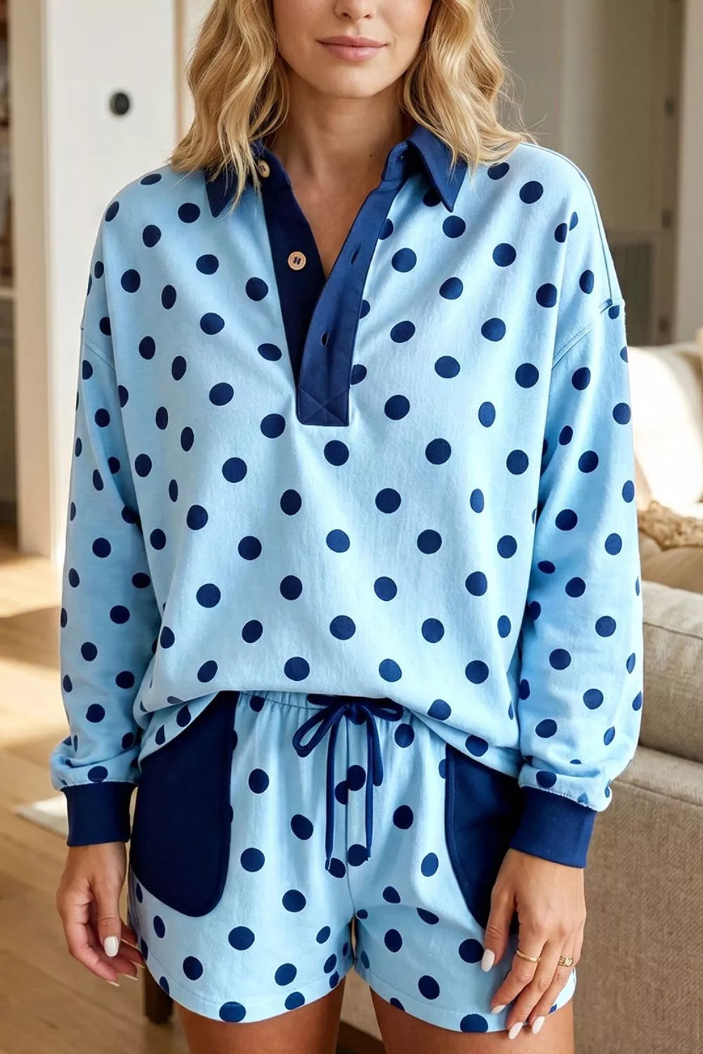 Women's Light Blue Polka Dot Drop Shoulder Polo Loose Pullover Patch Pocket Casual Shorts Set - Light Blue