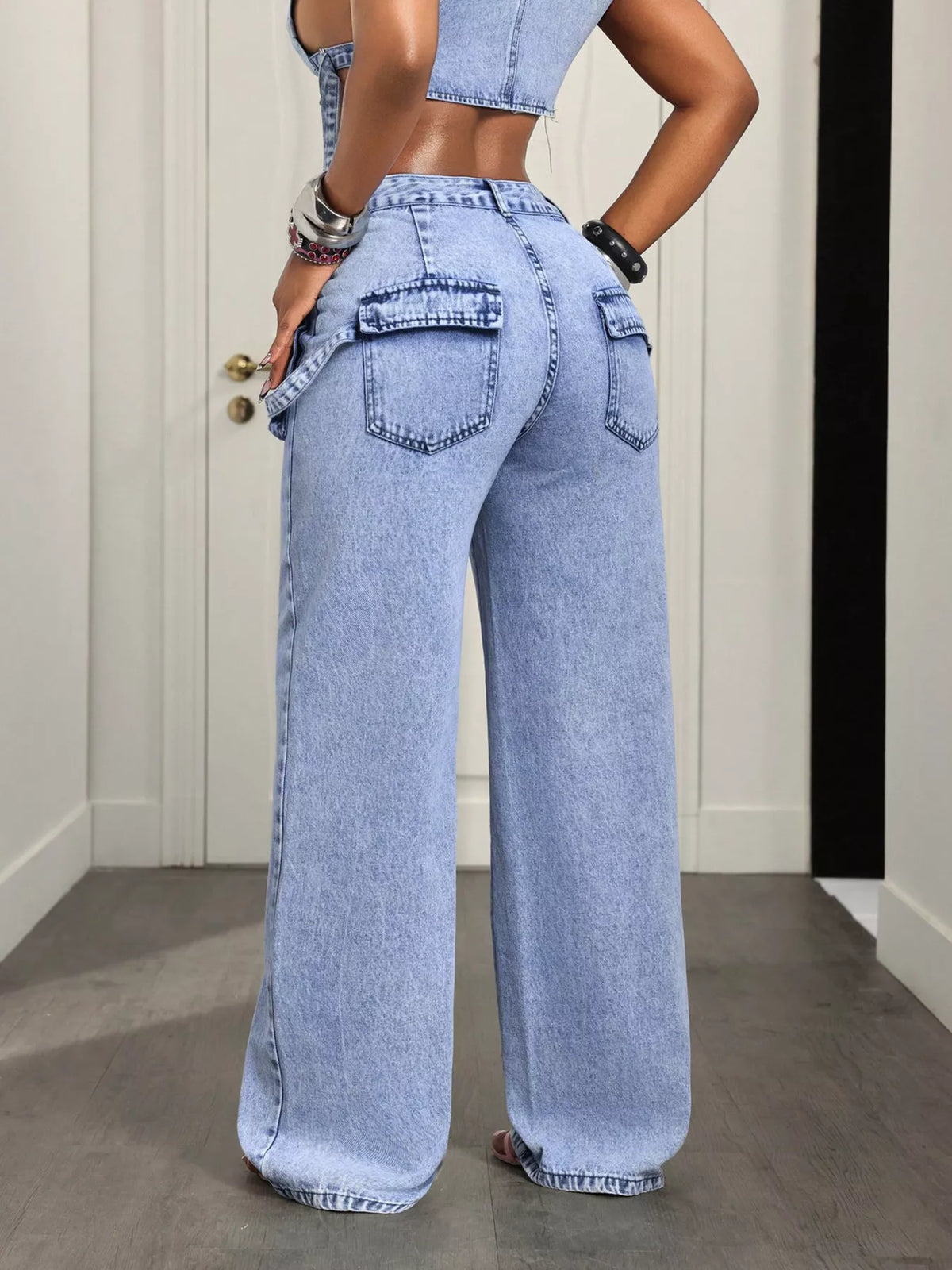 Women's Blue High-Waisted Wide-Leg Cargo Jeans - Blue