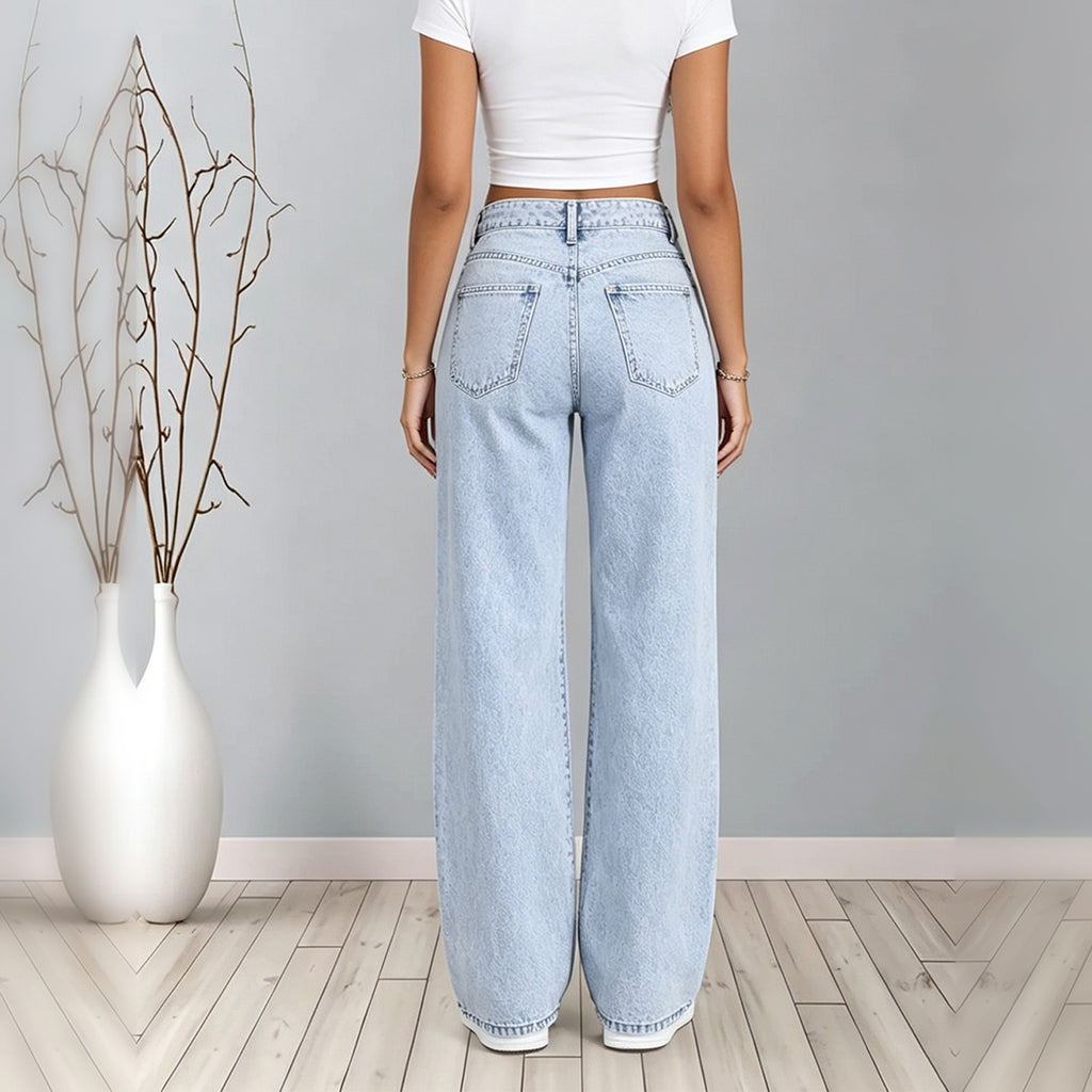 Women's Light Acid Wash Low Waist Wide Leg Jeans, Casual Loose Denim Pants With Pockets