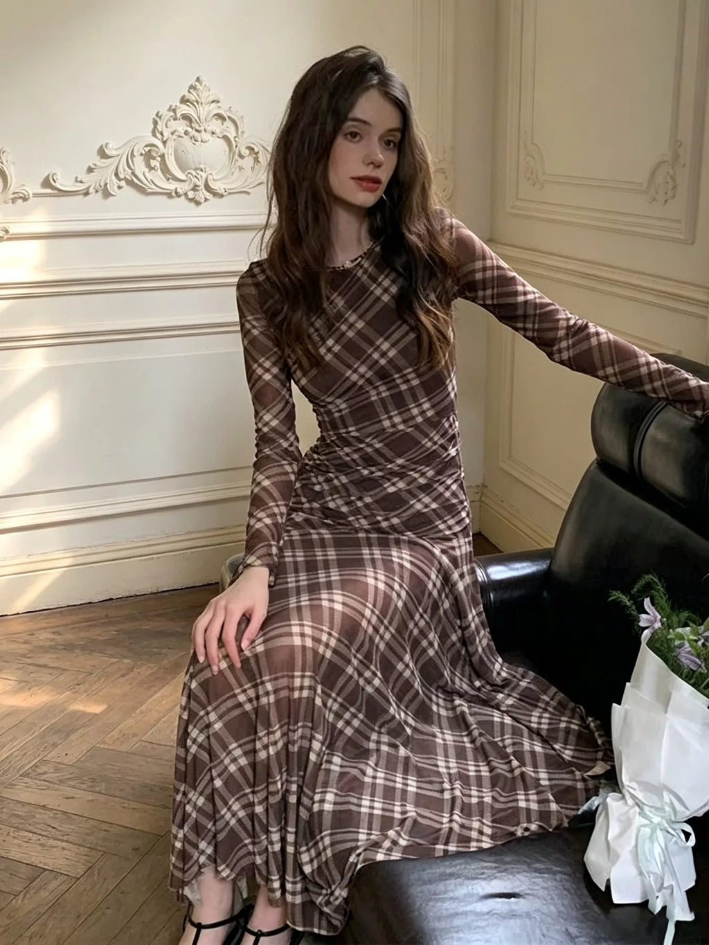 Women's Brown Plaid Long-Sleeve Slim-Fit Maxi Dress - Brown