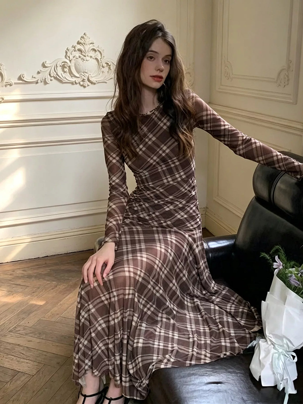 Women's Brown Plaid Long-Sleeve Slim-Fit Maxi Dress - Brown