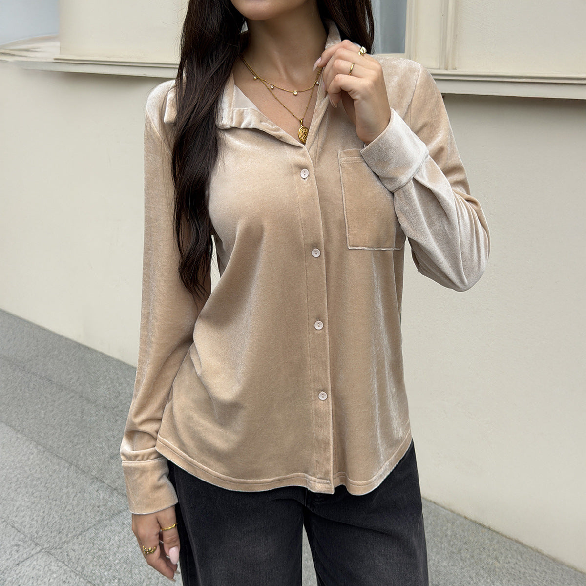 Velvet Lapel Single-breasted Pocket Blouse For Women