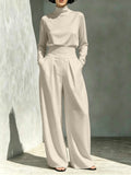Women's 2026 Fall Winter New Arrival Women Solid Color Turtleneck Long Sleeve Top Long Pants Casual Outfit Set For European American Market - Apricot