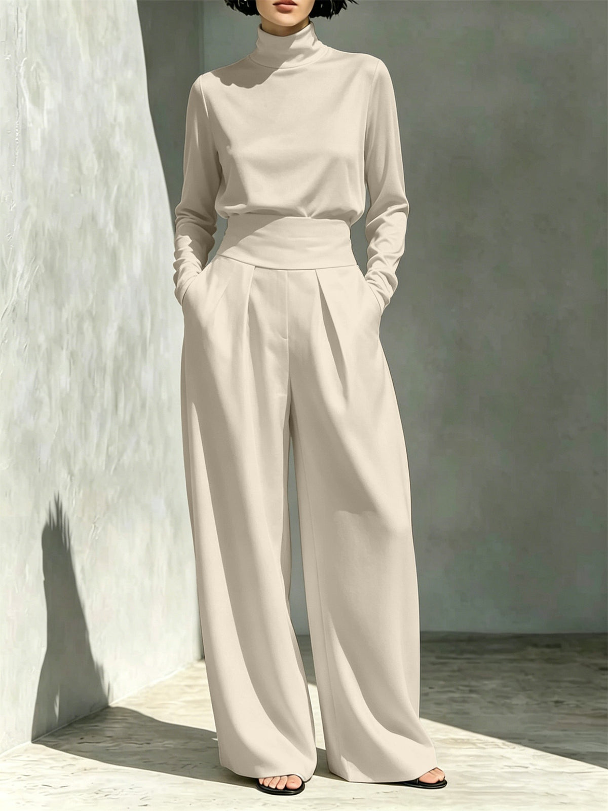 Women's 2026 Fall Winter New Arrival Women Solid Color Turtleneck Long Sleeve Top Long Pants Casual Outfit Set For European American Market - Apricot