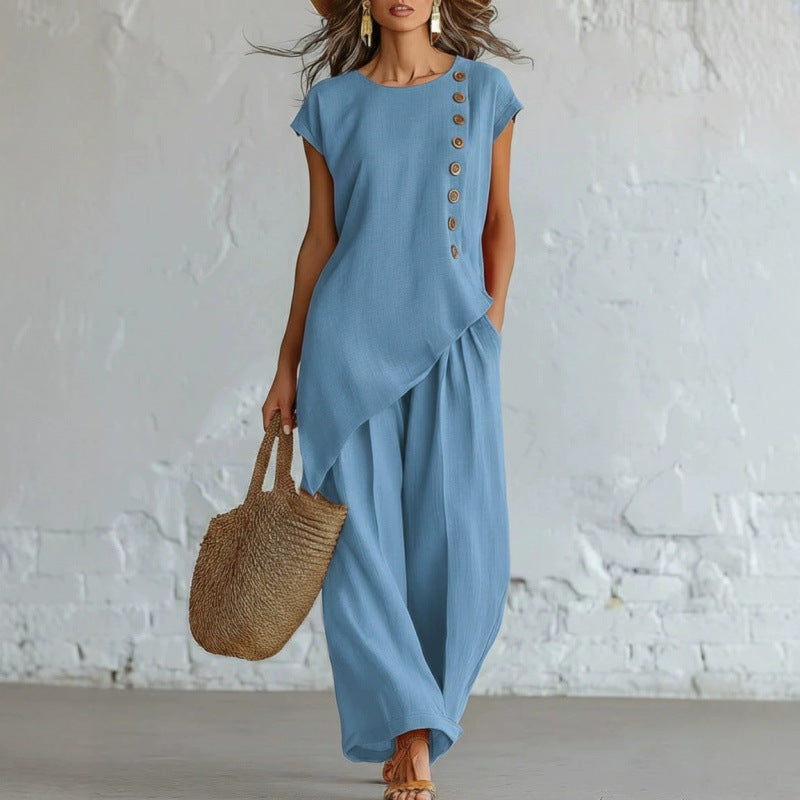 Women's Bohemian Beach Two Piece Set Round Neck Button Short Sleeve Top Wide Leg Trousers