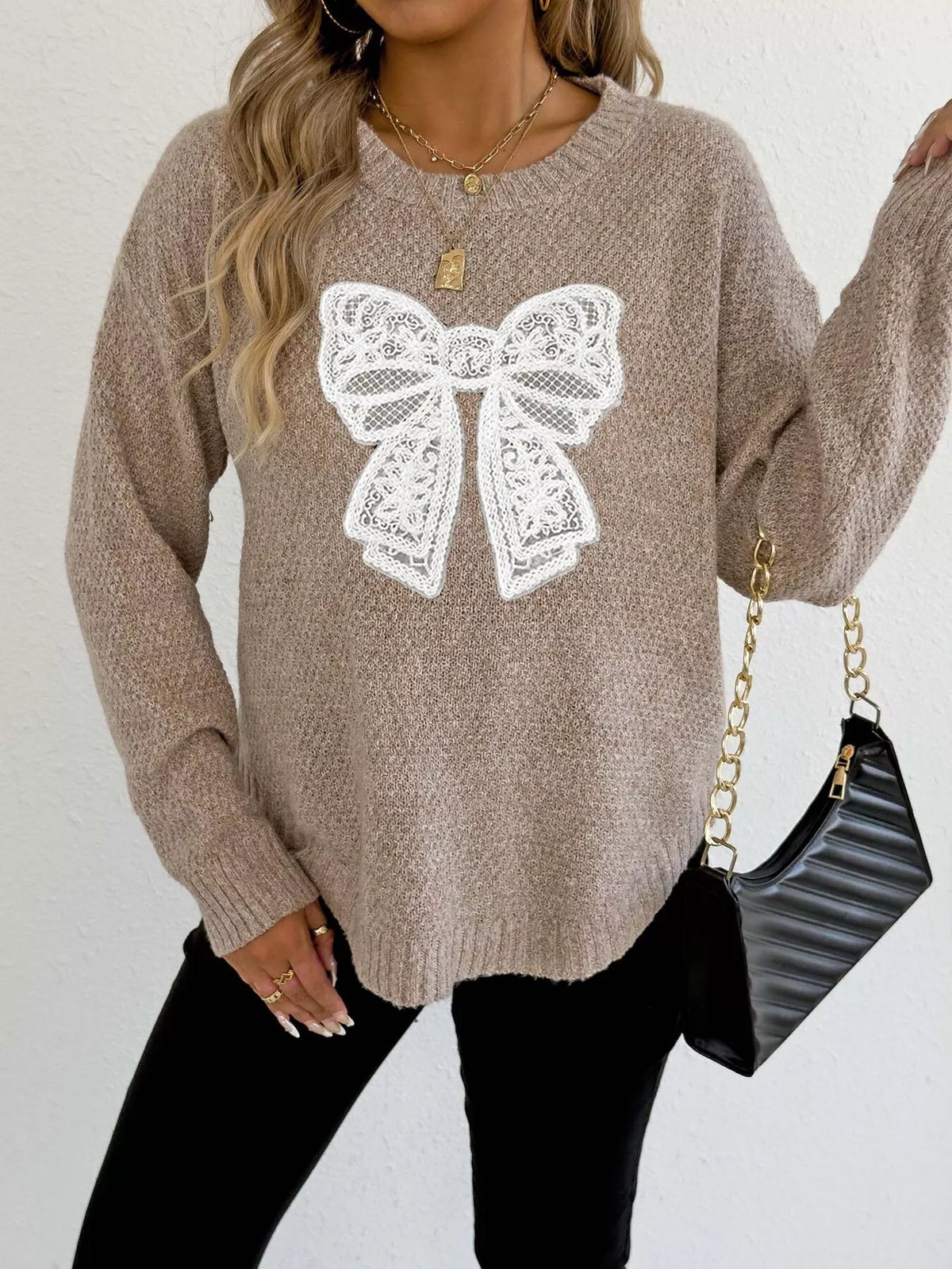 Women's Lace Bow Embroidered Round Neck Sweater - Apricot