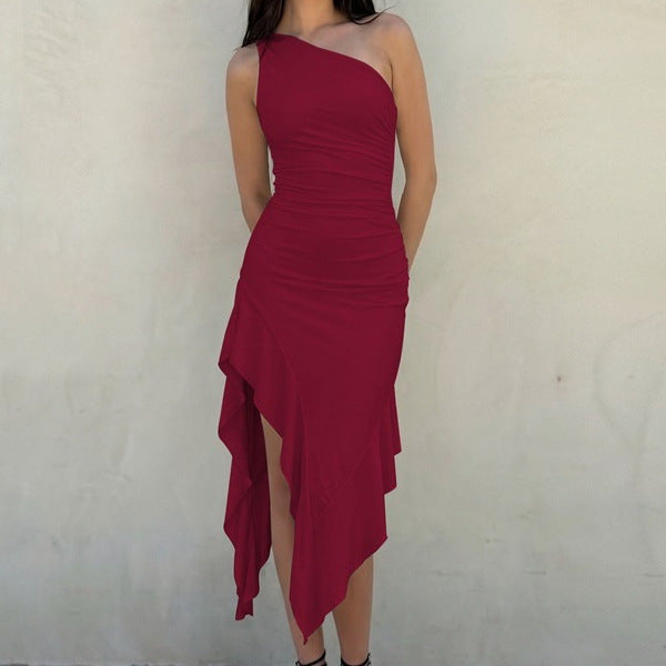 New Women's Elegant Slim-fit Solid-color Off-shoulder Sleeveless Dress