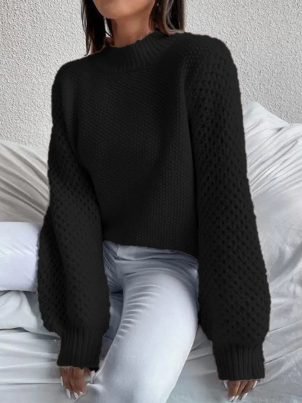 Women's Openwork Mock Neck Long Sleeve Sweater