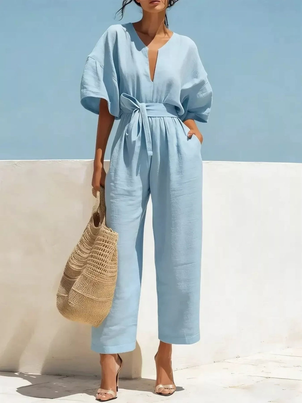 Women's Tie Waist Wide Leg Jumpsuit - Sky Blue