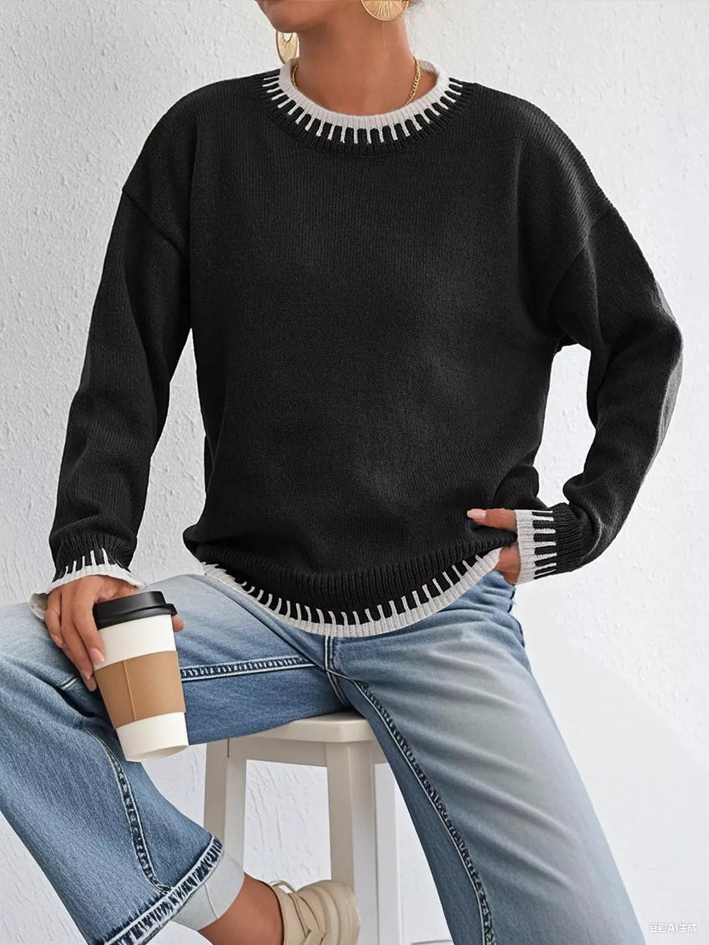 Women's Contrast Trim Crew Neck Drop Shoulder Sweater