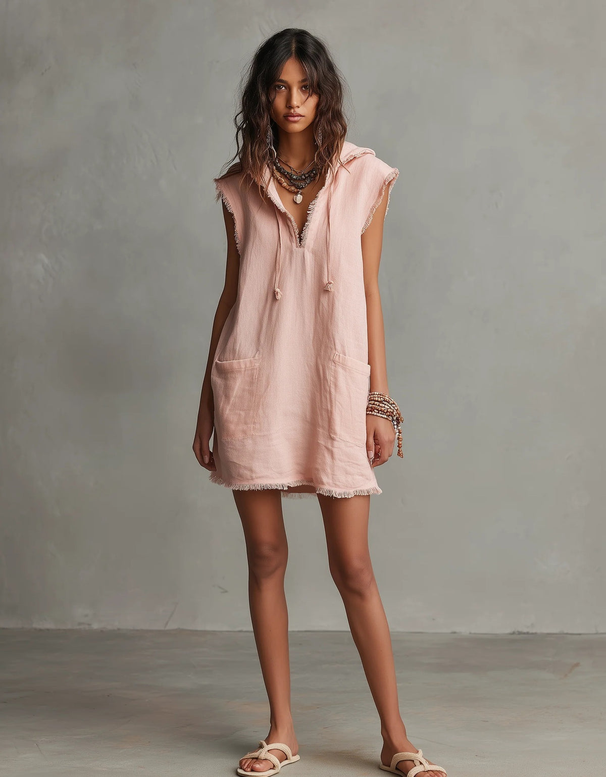 Minimalist Linen Blend Mini Dress, Hooded Sleeveless Lace Trim Solid Color Dress